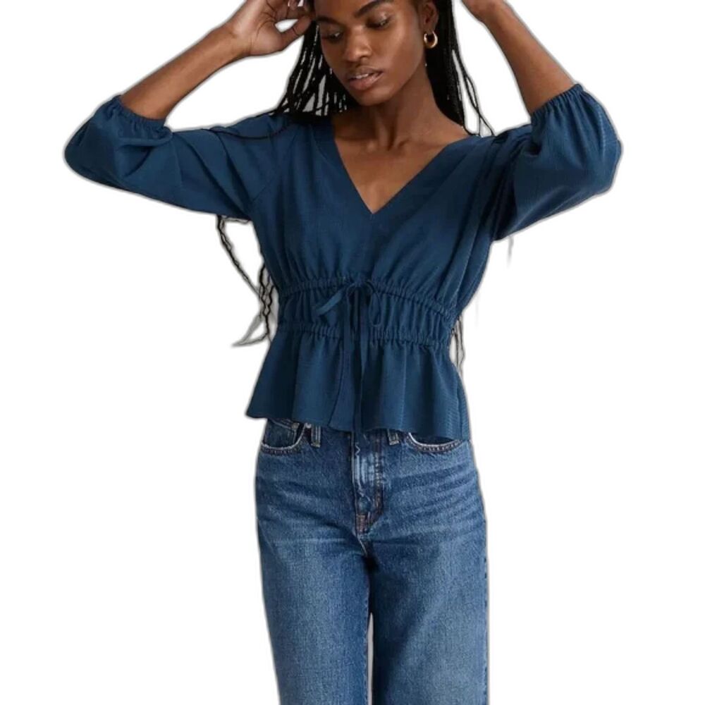 NWOT Madewell Womens Small Blue Seersucker V-Neck Peplum Top Smocked Tie Waist